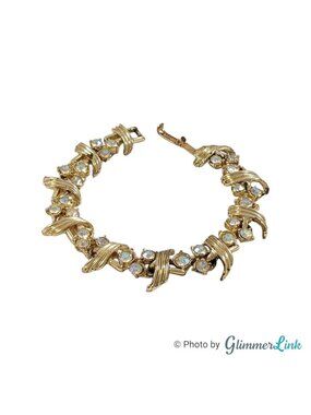 Vintage 1960s Aurora Borealis AB Rhinestone Floral Gold Tone Bracelet